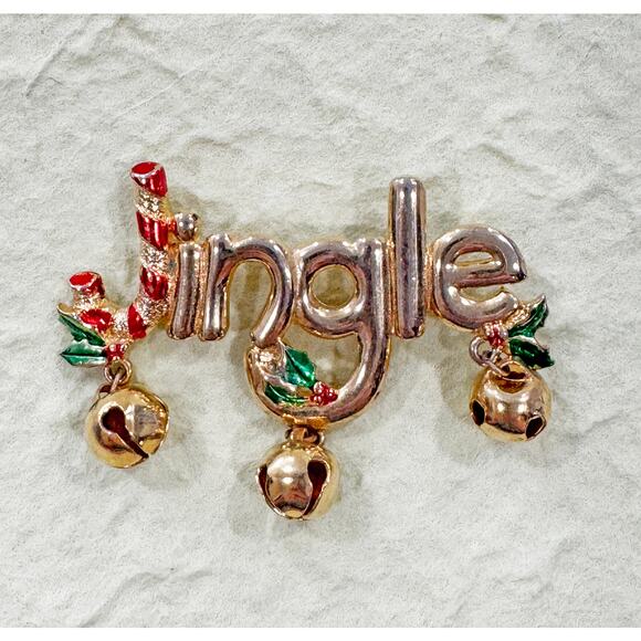 Vintage “Jingle” Christmas Pin Brooch with Bells & Holly CP18 - Picture 2 of 5
